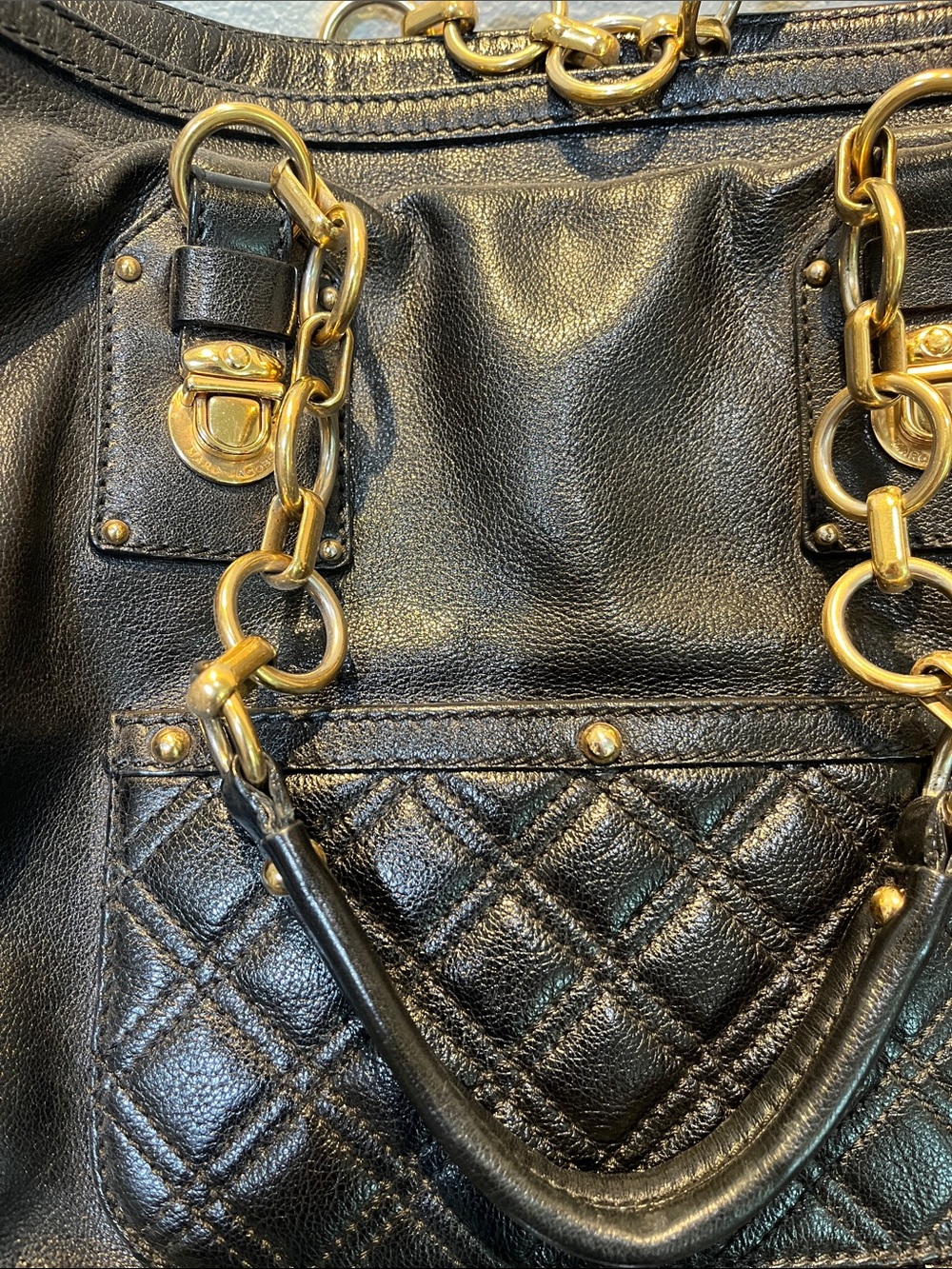 Marc Jacobs Black Quilted Leather Tote with Gold Chain Hardware - Picture 2 of 10